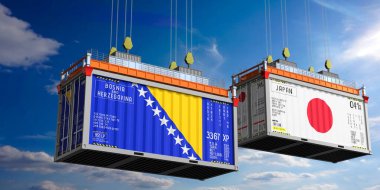 Bosna-Hersek ve Japonya 'nın bayraklı konteynırları - 3D illüstrasyon