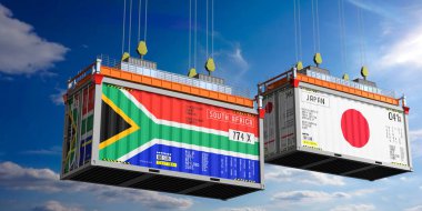 Güney Afrika ve Japonya bayraklı nakliye konteynerleri - 3 boyutlu illüstrasyon