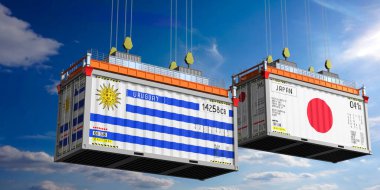 Uruguay ve Japonya 'nın bayraklı konteynırları - 3D illüstrasyon