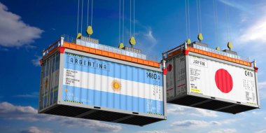 Arjantin ve Japonya 'nın bayraklı konteynırları - 3 boyutlu illüstrasyon