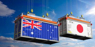 Avustralya ve Japonya 'nın bayraklı konteynırları - 3D illüstrasyon