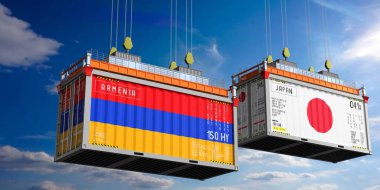 Ermenistan ve Japonya bayraklı konteynırlar - 3D illüstrasyon