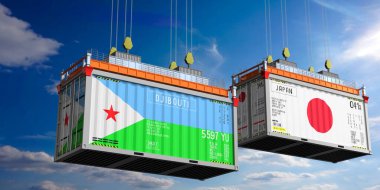Cibuti ve Japonya bayraklı nakliye konteynerleri - 3D illüstrasyon