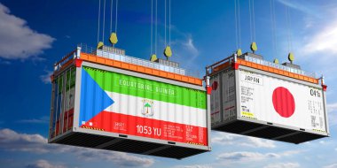 Ekvator Ginesi ve Japonya bayraklı nakliye konteynerleri - 3D illüstrasyon