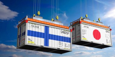 Finlandiya ve Japonya bayraklı nakliye konteynerleri - 3D illüstrasyon