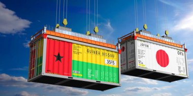 İçinde Gine Bissau ve Japonya bayrakları olan konteynırlar - 3D illüstrasyon