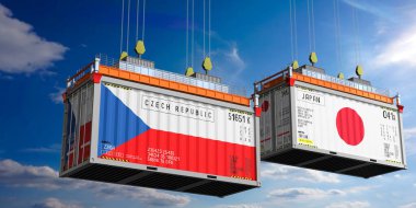Çek Cumhuriyeti ve Japonya bayraklı nakliye konteynerleri - 3D illüstrasyon