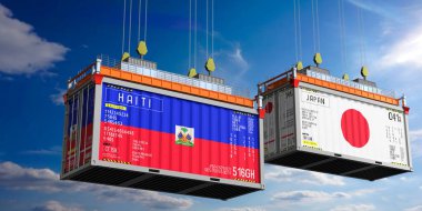 İçinde Haiti ve Japonya 'nın bayrakları olan konteynırlar - 3 boyutlu illüstrasyon