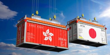 Hong Kong ve Japonya 'nın bayraklı konteynırları - 3 boyutlu illüstrasyon