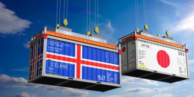 İzlanda ve Japonya 'nın bayraklı konteynırları - 3 boyutlu illüstrasyon