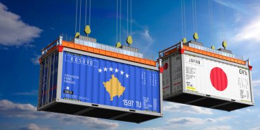 Kosova ve Japonya bayraklı konteynerler - 3D illüstrasyon