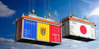 Moldova ve Japonya bayraklı nakliye konteynerleri - 3D illüstrasyon