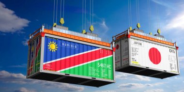 Namibya ve Japonya bayraklı nakliye konteynerleri - 3 boyutlu illüstrasyon