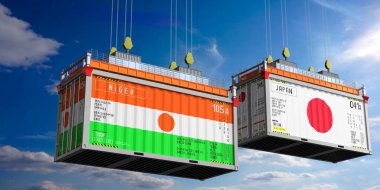 Nijer ve Japonya 'nın bayraklı konteynırları - 3 boyutlu illüstrasyon