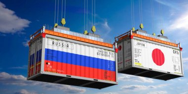 Rusya ve Japonya 'nın bayraklı konteynırları - 3D illüstrasyon