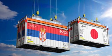 Sırbistan ve Japonya 'nın bayraklı konteynırları - 3D illüstrasyon
