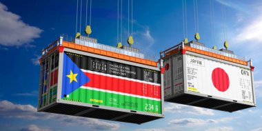 Güney Sudan ve Japonya bayraklı nakliye konteynerleri - 3 boyutlu illüstrasyon
