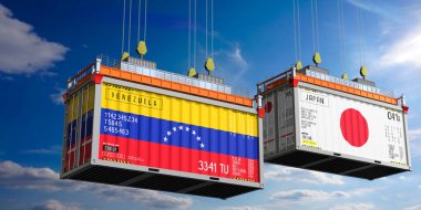Venezuela ve Japonya 'nın bayraklı konteynırları - 3 boyutlu illüstrasyon
