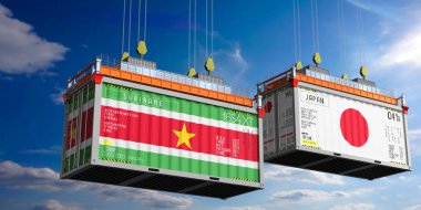 Surinam ve Japonya bayraklı nakliye konteynerleri - 3 boyutlu illüstrasyon