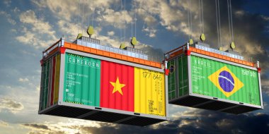 İçinde Kamerun ve Brezilya bayrakları olan konteynırlar - 3D illüstrasyon