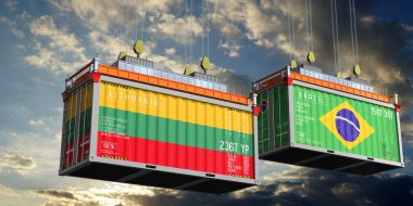 Litvanya ve Brezilya bayraklı nakliye konteynerleri - 3 boyutlu illüstrasyon