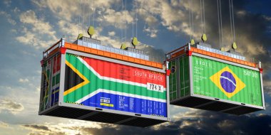 Güney Afrika ve Brezilya bayraklı konteynırlar - 3D illüstrasyon