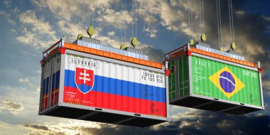 Slovakya ve Brezilya bayraklı nakliye konteynerleri - 3D illüstrasyon