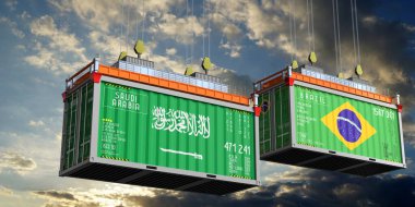 Suudi Arabistan ve Brezilya bayraklı konteynırlar - 3D illüstrasyon