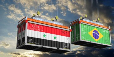 Suriye ve Brezilya bayraklı konteynırlar - 3D illüstrasyon
