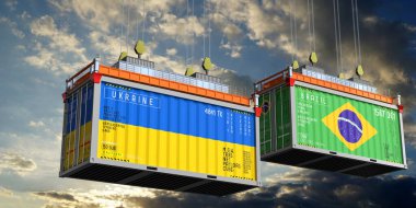 Ukrayna ve Brezilya bayraklı nakliye konteynerleri - 3D illüstrasyon