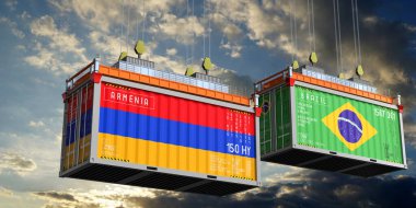 Ermenistan ve Brezilya bayraklı konteynırlar - 3D illüstrasyon