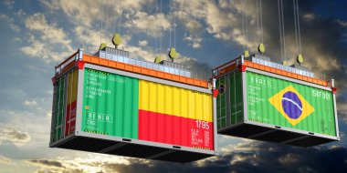 Benin ve Brezilya bayraklı konteynırlar - 3D illüstrasyon