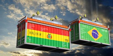 Bolivya ve Brezilya bayraklı konteynırlar - 3D illüstrasyon