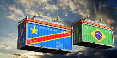 Kongo ve Brezilya Demokratik Cumhuriyeti bayraklı konteynırlar - 3 boyutlu illüstrasyon