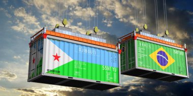 Cibuti ve Brezilya bayraklı nakliye konteynerleri - 3D illüstrasyon