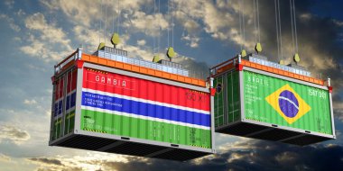 Gambiya ve Brezilya bayraklı konteynırlar - 3D illüstrasyon