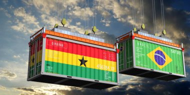 Gana ve Brezilya bayraklı konteynırlar - 3D illüstrasyon