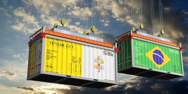 Vatikan ve Brezilya 'nın bayraklı konteynırları - 3 boyutlu illüstrasyon