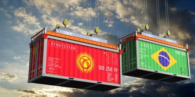Kırgızistan ve Brezilya 'nın bayraklı konteynırları - 3D illüstrasyon