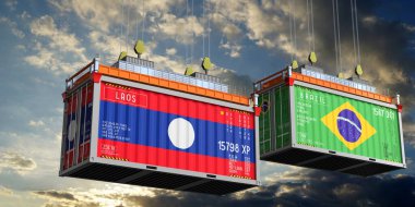 Laos ve Brezilya bayraklı nakliye konteynerleri - 3D illüstrasyon