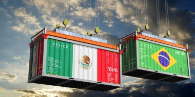 Meksika ve Brezilya bayraklı nakliye konteynerleri - 3D illüstrasyon