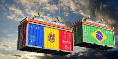 Moldova ve Brezilya bayraklı konteynırlar - 3D illüstrasyon