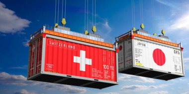 İsviçre ve Japonya 'nın bayraklı konteynırları - 3D illüstrasyon