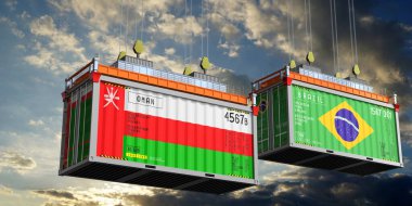 Umman ve Brezilya bayraklı nakliye konteynerleri - 3 boyutlu illüstrasyon