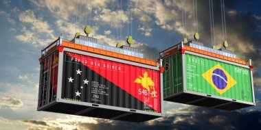 İçinde Papua Yeni Gine ve Brezilya bayrakları olan konteynırlar - 3D illüstrasyon