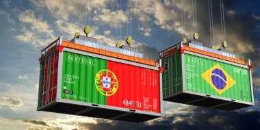 Portekiz ve Brezilya bayraklı konteynırlar - 3D illüstrasyon