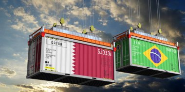 Katar ve Brezilya bayraklı nakliye konteynerleri - 3D illüstrasyon