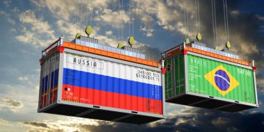 Rusya ve Brezilya 'nın bayraklı konteynırları - 3D illüstrasyon