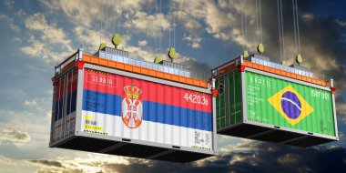 Sırbistan ve Brezilya bayraklı konteynerler - 3D illüstrasyon