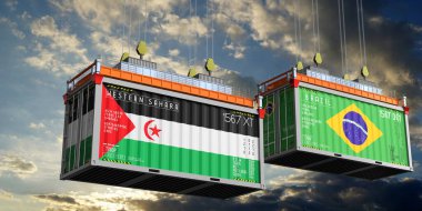 Batı Sahra ve Brezilya bayraklı nakliye konteynerleri - 3 boyutlu illüstrasyon